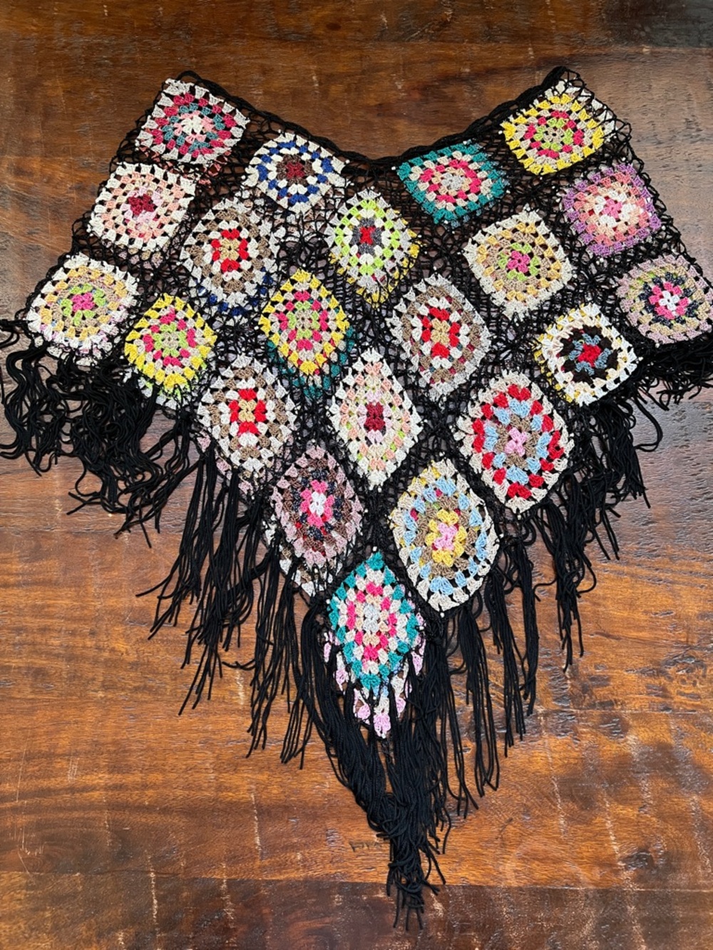 Handmade Crotchet Poncho Shawl Granny Square Fringe Multicolor/Black Beaded OS - Picture 2 of 12